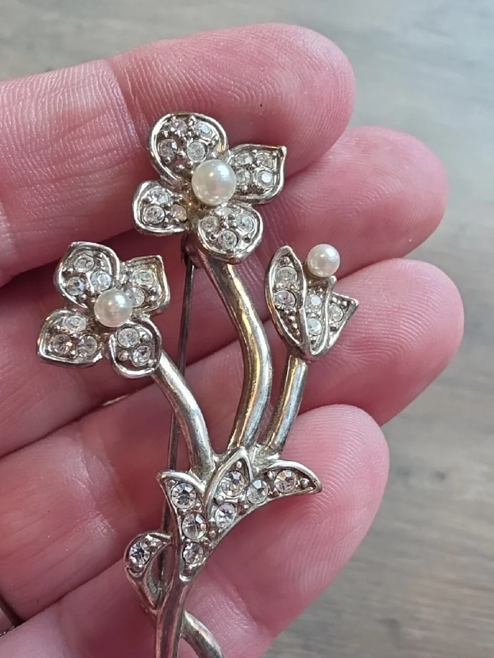 Monet Silver-Tone Floral Brooch with Faux Pearls and Crystals